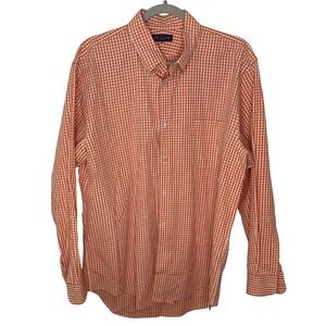 Lands End Mens Orange Gingham Button Down Shirt 16 1/2 34 Long Sleeve Casual